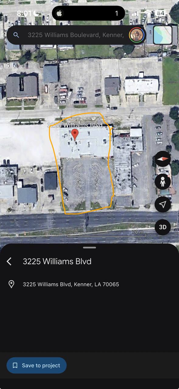 Aerial satellite view of 3223–3233 Williams Blvd parcel, Kenner LA